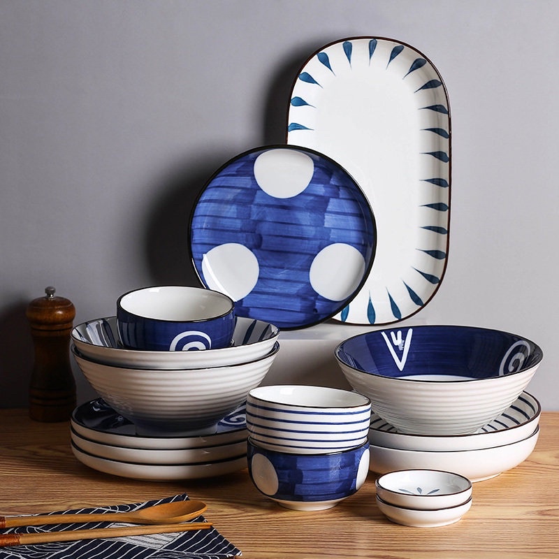 Bộ bát đĩa xanh lam bốn hoạ tiết, bát đĩa phong cách Nhật, bát đĩa decor