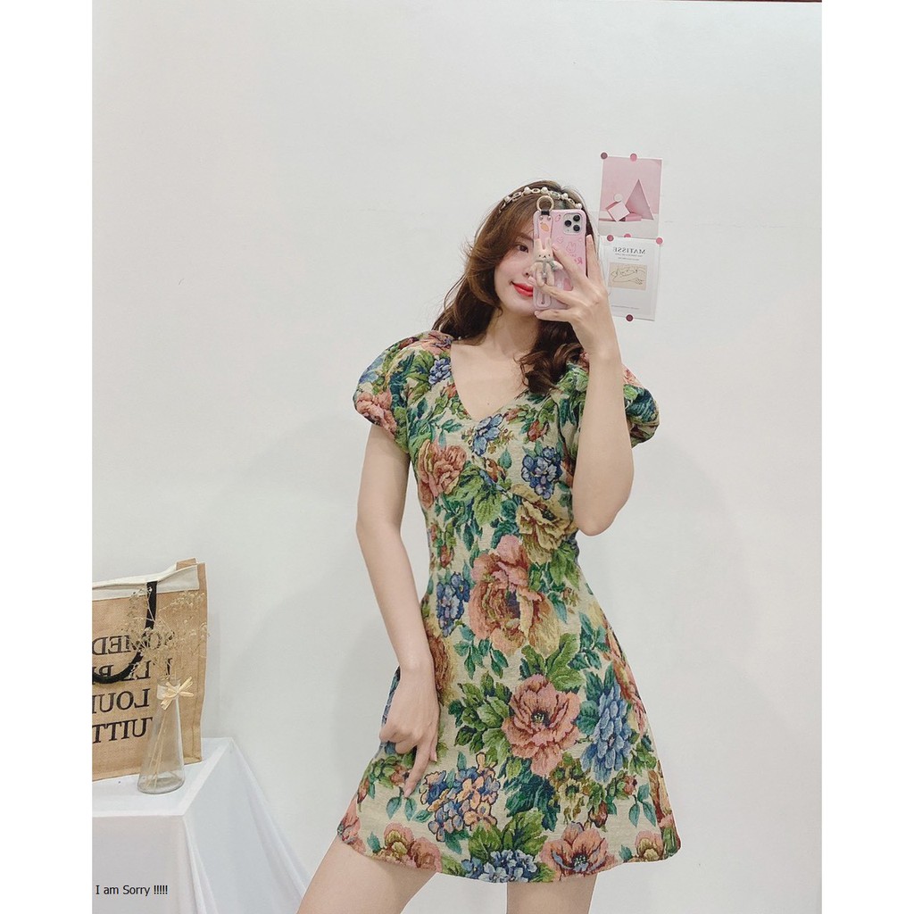 ĐẦM DỰ TIỆC GẤM IN HOA CỔ TIM TAY PHỒNG DÁNG XÒE-hình thật shop chụp