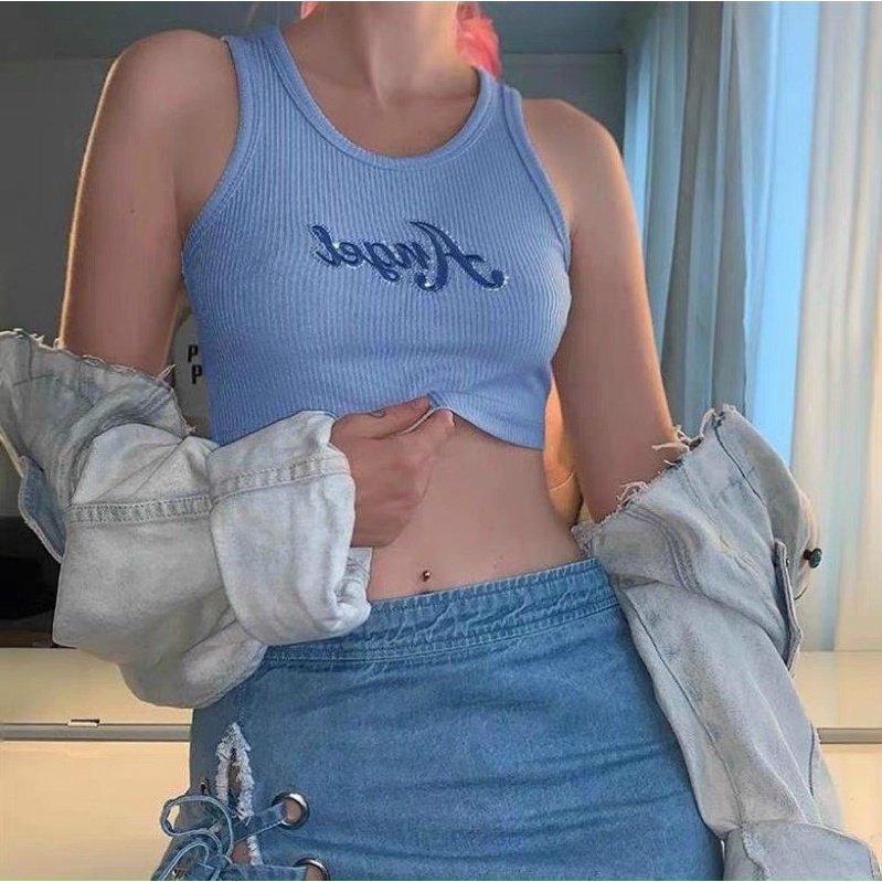 Áo croptop ba lỗ thêu Angel ( Kèm video chất vải)