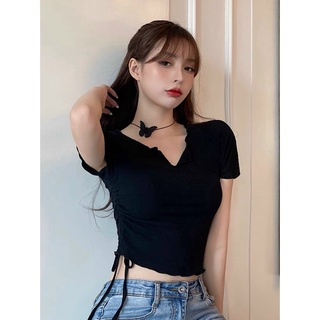 Áo Croptop Rút Eo Cuốn Biên Cổ Tim