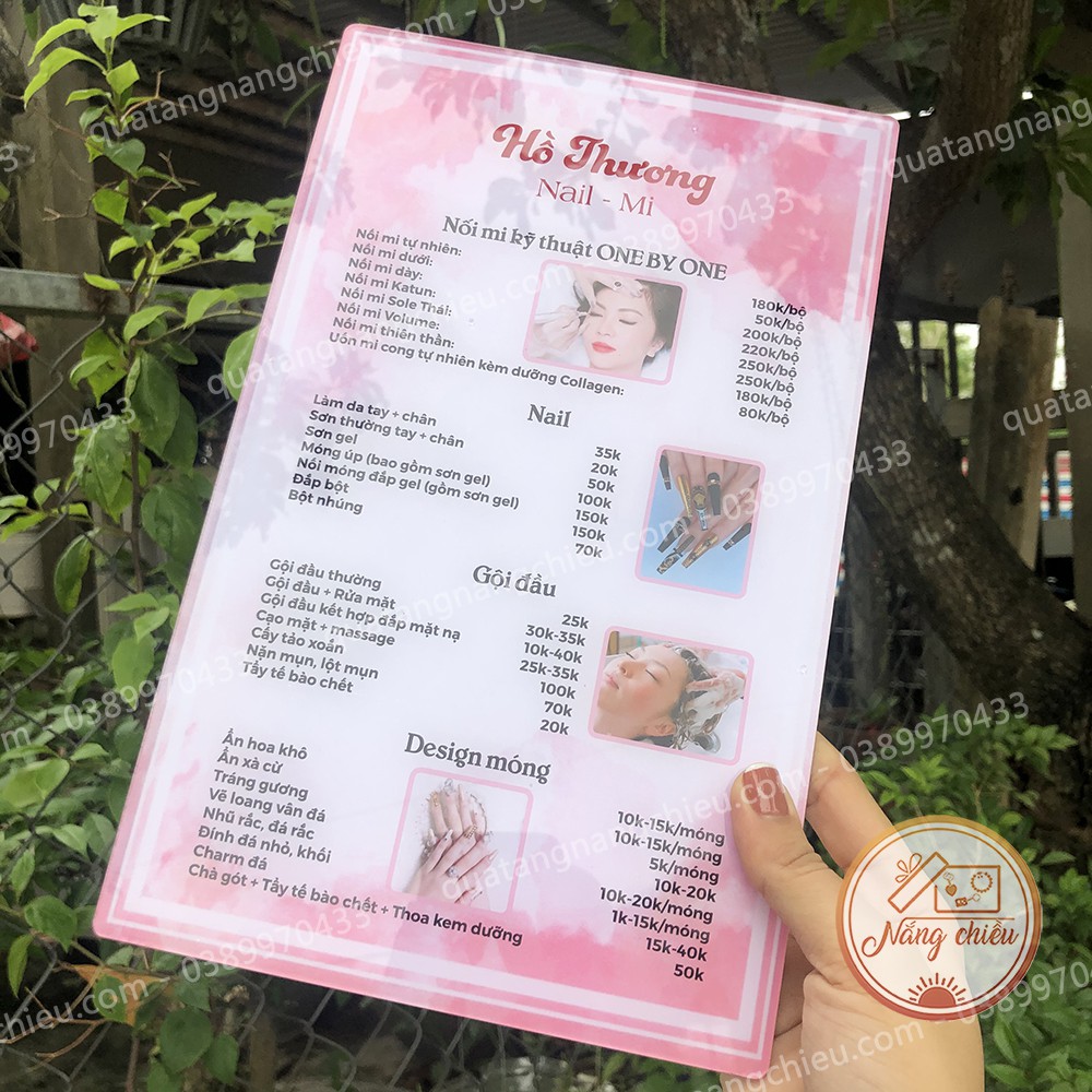 Menu, bảng giá cho tiệm nail, mi, thẩm mỹ viện in và thiết kế theo yêu cầu của khách hàng, thiết kế theo mẫu có sẵn