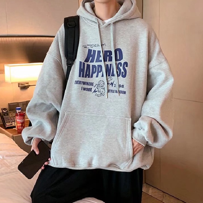 Áo hoodie tay dài dáng rộng in chữ phong cách Nhật Bản thời trang mùa đông cho nam size M-3XL