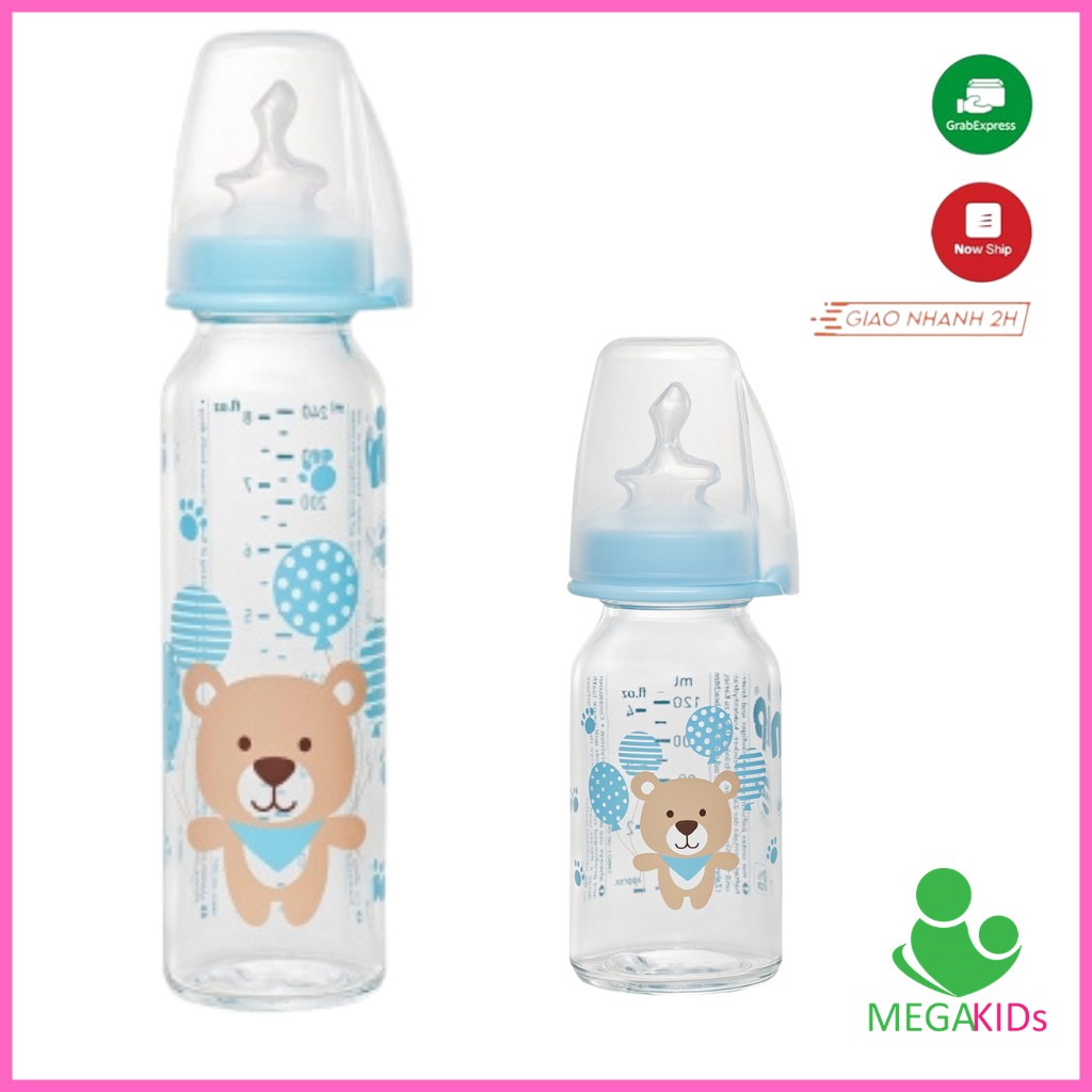 Bình sữa NIP thủy tinh cổ thường 125ml và 250 ml cho bé trai có núm ty chỉnh nha, chống sặc, bằng silicon