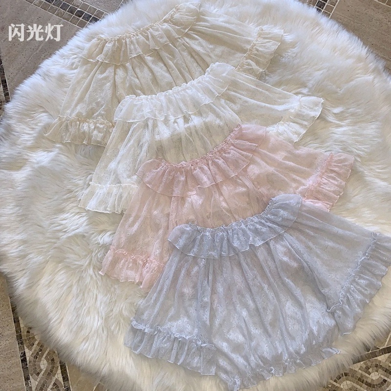 Áo Kiểu Tay Ngắn Phối Ren Lưới Mềm Mại Phong Cách Lolita