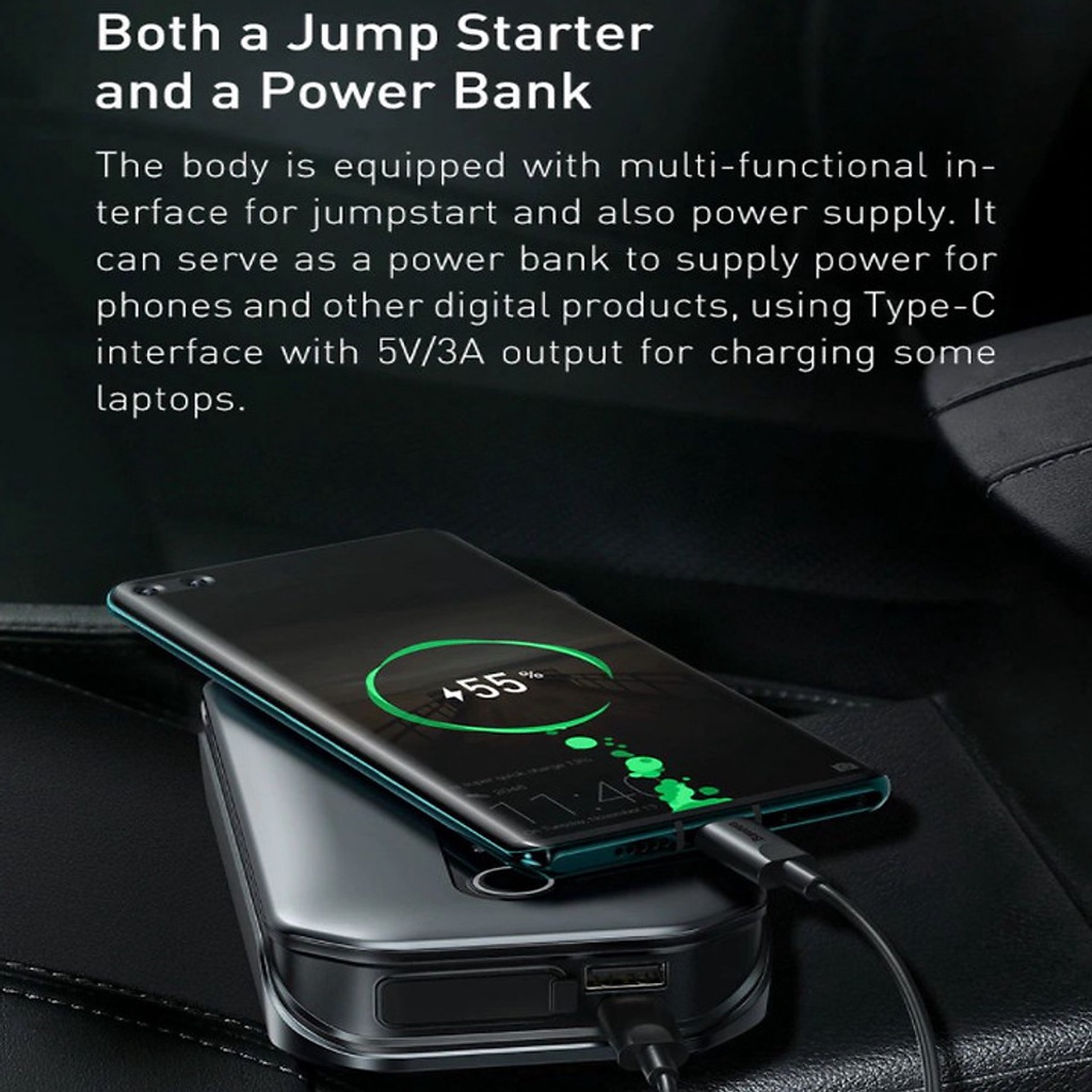 Bộ kích bình ắc quy ô tô Baseus CRJS03-01 kiêm sạc dự phòng 12000mAh, max 1000A chính hãng cho xe máy, mô tô, điện thoại