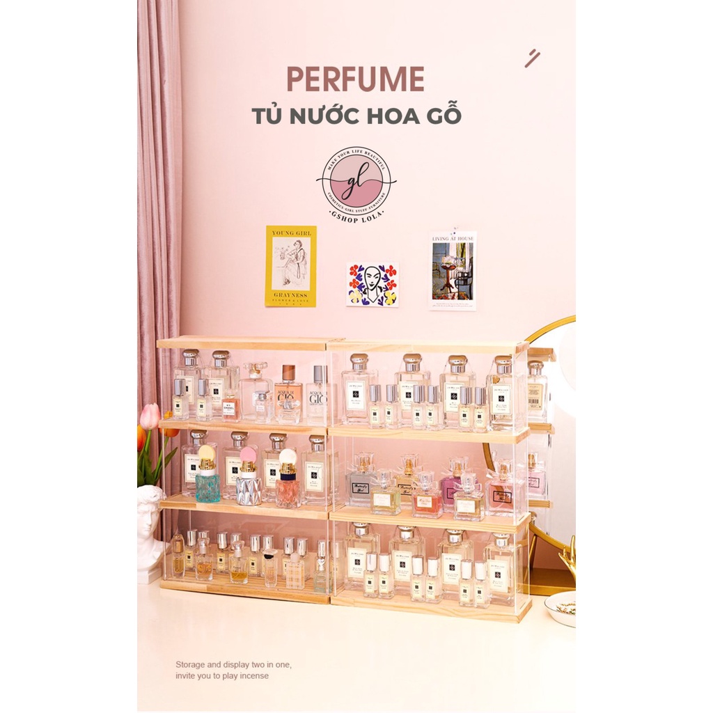 Tủ nước hoa gỗ nhựa chống bụi có thể xếp tầng tiện lợi để fullsize, mini, chiết đều được