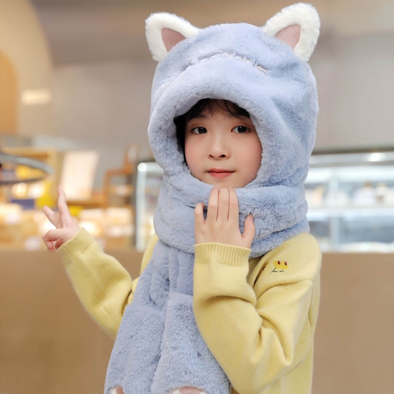 Set Mũ beanie Kèm Khăn Choàng Cổ Giả Cashmere Giữ Ấm Tai Họa Tiết Hoạt Hình Dễ Thương Cho Bé