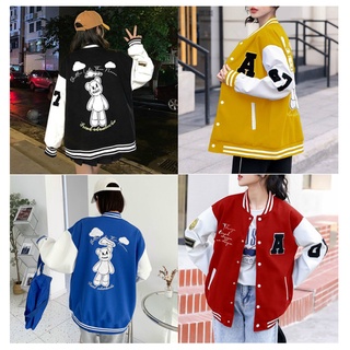Áo khoác bomber nam nữ chất nỉ logo in chữ a lưng in gấu cute 777bomber175