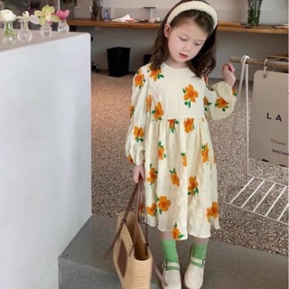 Váy hoa cam tay bồng dài tay chất đũi xốp size 8-20kg phong cách hàn quốc cho bé gái