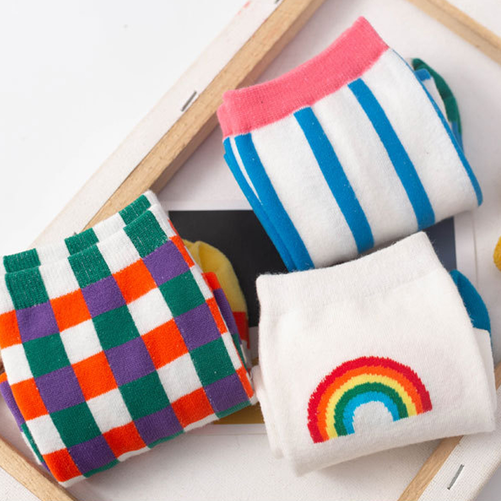 BACK2LIFE Harajuku Style Rainbow Socks Funny Hosiery Women Cotton Socks New Streetwear Rainbow Grid Long Girls Stripe Kawaii Socks white/blue/multicolor