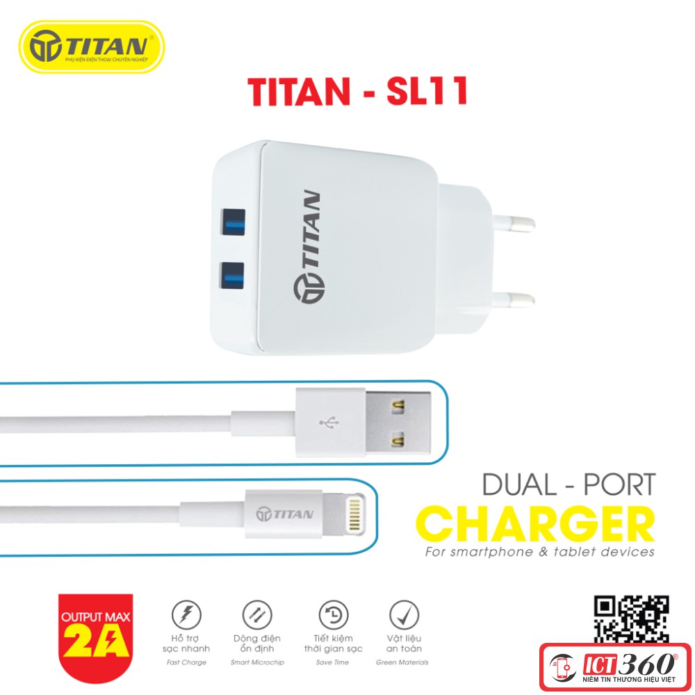 Combo Sạc Nhanh 2 Cổng Cáp IPhone Titan SL11 - Bảo hành 12 tháng