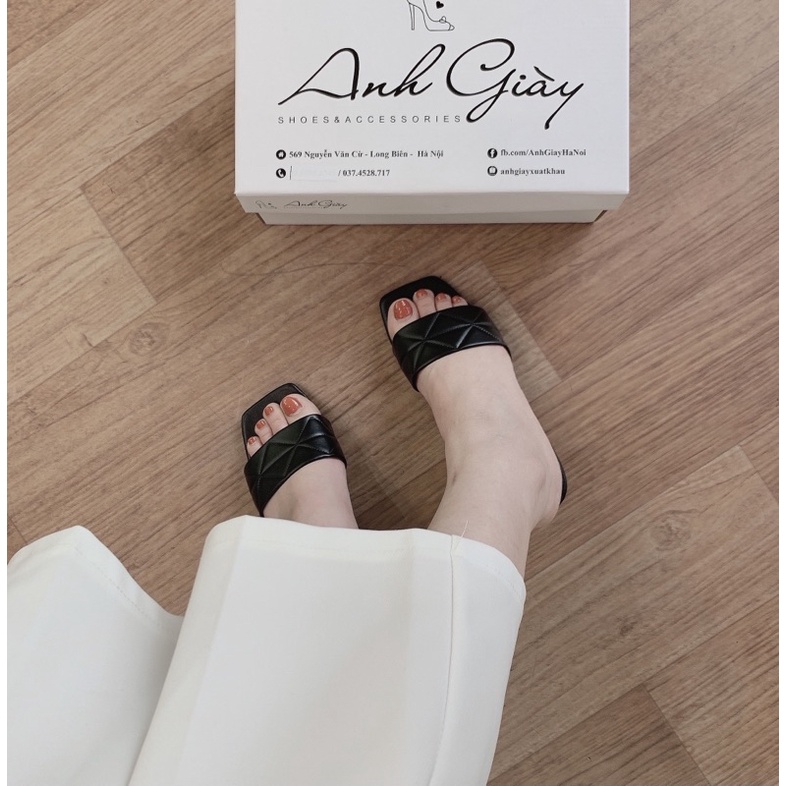 DL70 - Guốc quai ngang da lì trần trám gót vuông 3p hàng VNXK