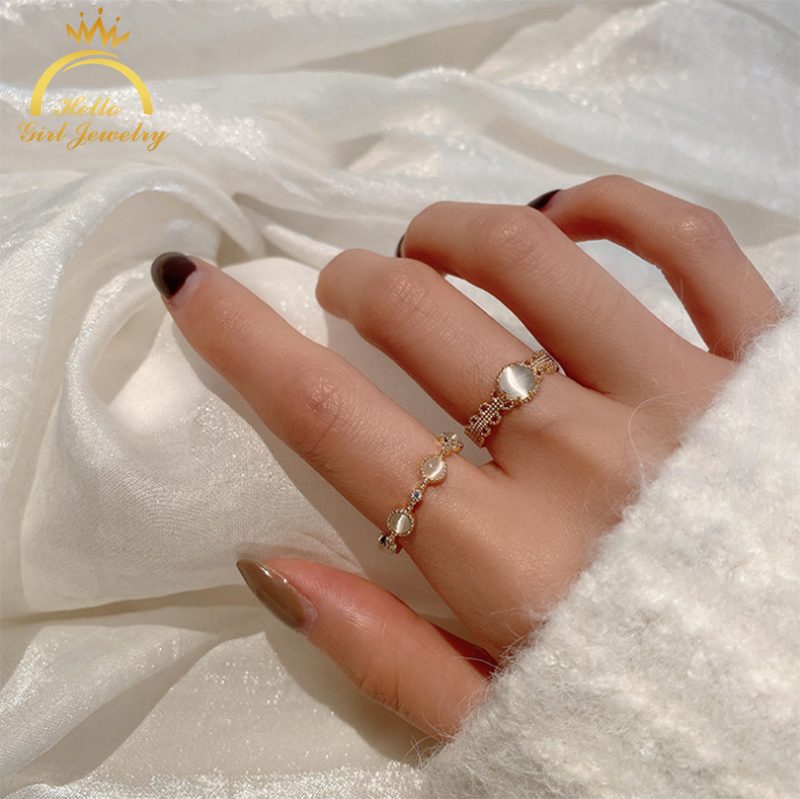 Ahellogirl Nhẫn bằng kim loại đính đá opal thời trang thanh lịch cho nữ