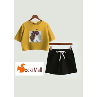 Đồ bộ quần áo thun bé gái Croptop áo form rộng, in đôi bạn thân, quần ôm thoải mái vận động - Quần áo trẻ em (Màu Vàng)