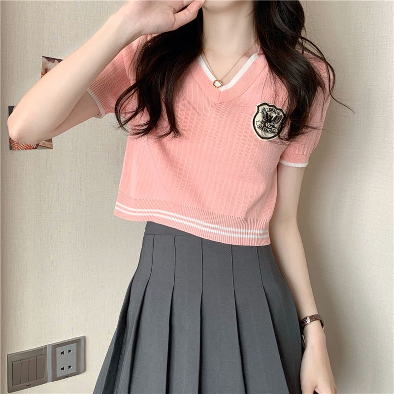 Áo Thun Dệt Kim Tay Ngắn Cổ Polo Vải Lụa Lạnh Kiểu Phương Tây Thời Trang Mùa Hè 2022