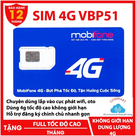 Sim 4g Mobifone VBP51 không giới hạn dung lượng tốc độ cao, đăng ký chính chủ nhanh chóng, bảo hành 12 tháng