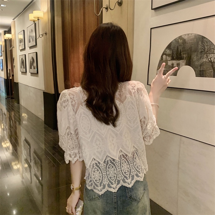 Áo sơ mi SUXI tay ngắn phồng dáng rộng phối ren màu sắc đơn giản thời trang mùa hè dành cho nữ