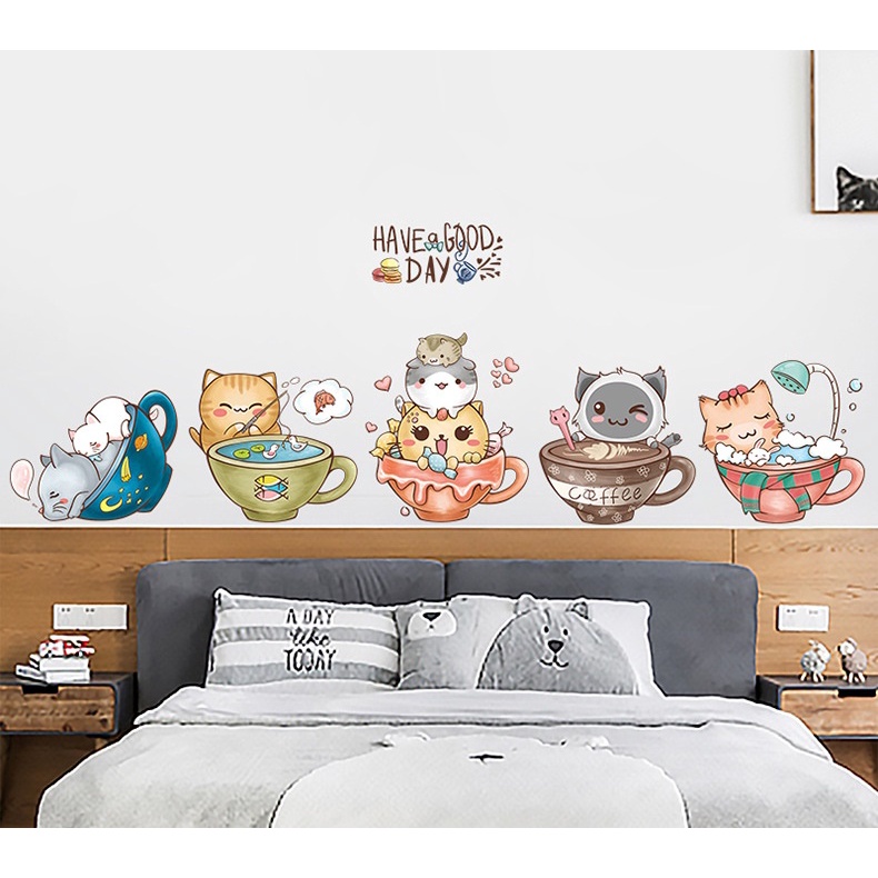 Decal dán tường MÈO NẰM TÁCH TRÀ - Trang trí phòng bé