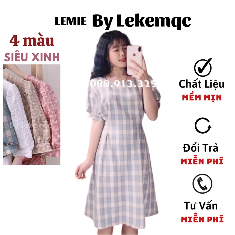 Váy Kẻ Caro, Đầm Cổ Vuông Tay Bồng Vintage Có Thắt Eo Phong Cách Hàn Quốc 💓LEMIE by lekemqc