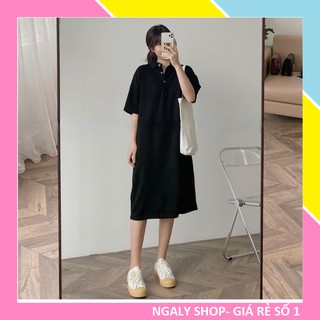 Váy Polo Cúc Đồng Nữ Dáng Dài Ulzzang Đầm nữ dáng rộng màu đen trơn basic tay lỡ cá tính