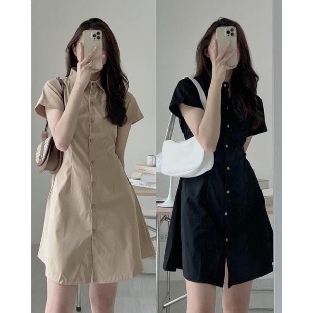 (Bán sỉ) Váy Đầm Sơ Mi Ngắn Tay Cổ Đức Phối Túi Ngực Vạt Bầu Dáng Suông LOLLA FASHION