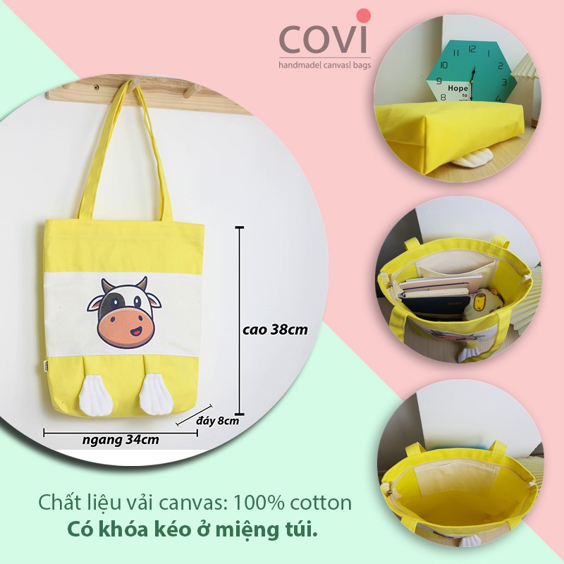 Túi vải tote, vải canvas, vải bố Hàn Quốc phối hình in con bò 2 chân thời trang COVI nhiều màu sắc T20