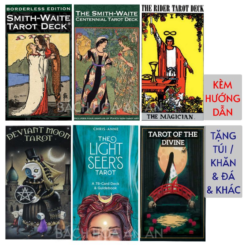 🎁 Bộ bài tarot of the divine, Rider waite, Smith waite tarot borderless, The light seer 's , Deviant moon tarot kèm quà