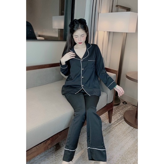Bộ pijama lụa trơn áo dài quần dài mặc nhà xinh