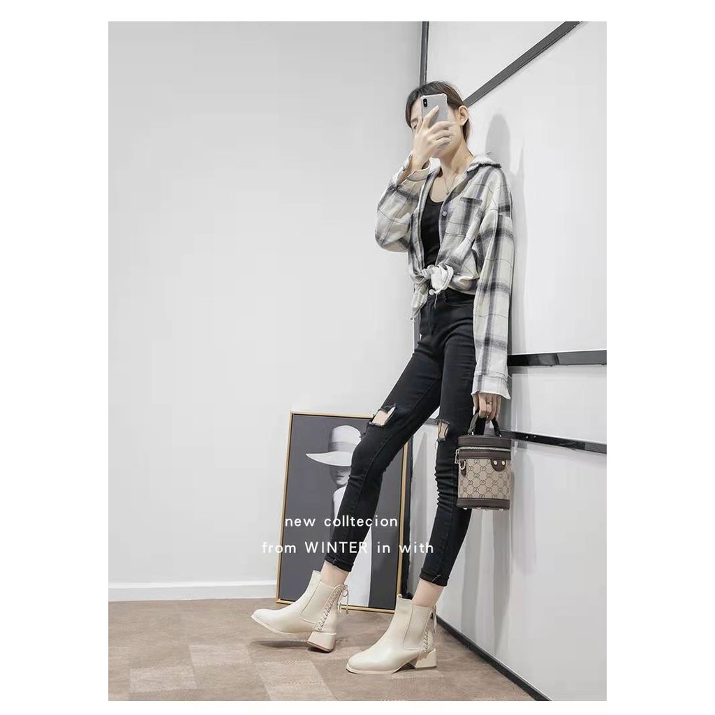 Giày bốt Martin phong cách Anh quốc cổ cao đế cao 5cm Có màu kem và đen | BigBuy360 - bigbuy360.vn