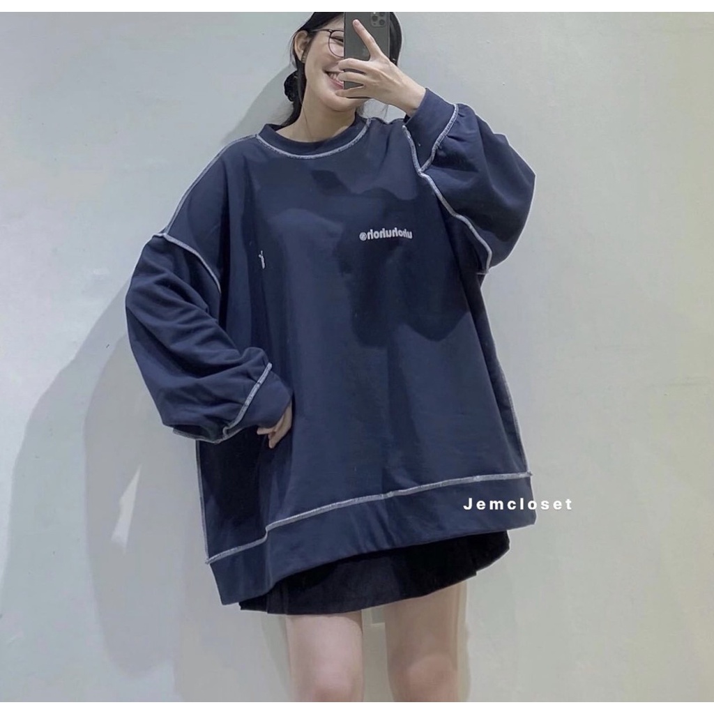 Áo Nỉ Uhoh Nữ - Áo sweater oversize tay bồng form rộng nổi bật, cá tính, thiết kế kẻ viền