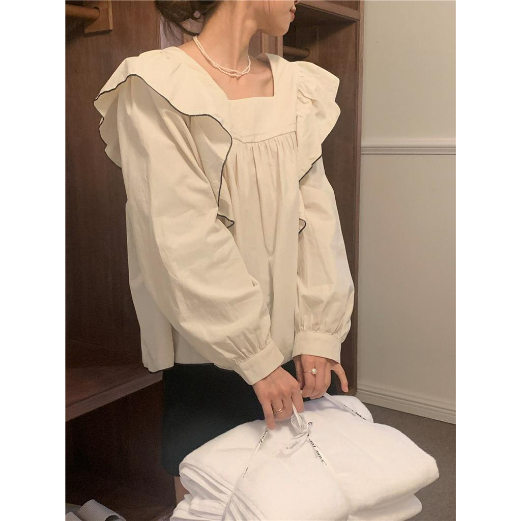 Áo Sơ Mi Dài Tay Cổ Vuông Thêu Họa Tiết Phong Cách Hàn Quốc 56363