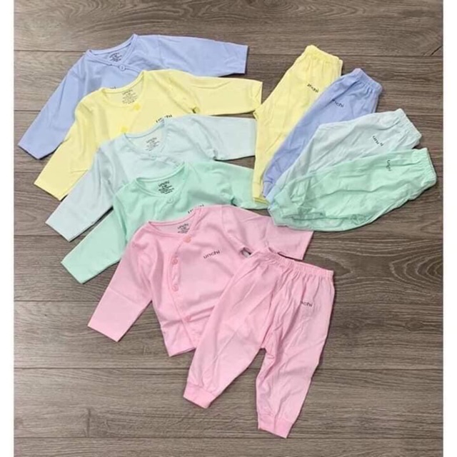 Bộ sơ sinh cotton UNCHI dài tay quần đáp đũng cho bé 3-9kg