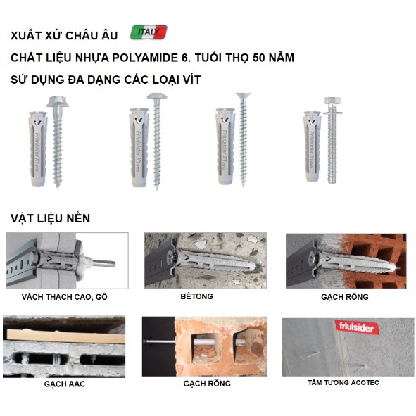 Tắc Kê Nở Nhựa Evo 8x40,10x50,10x70,14x70 chuyên dùng cho lắp đặt điều hòa, bình nóng lạnh, giá treo tivi