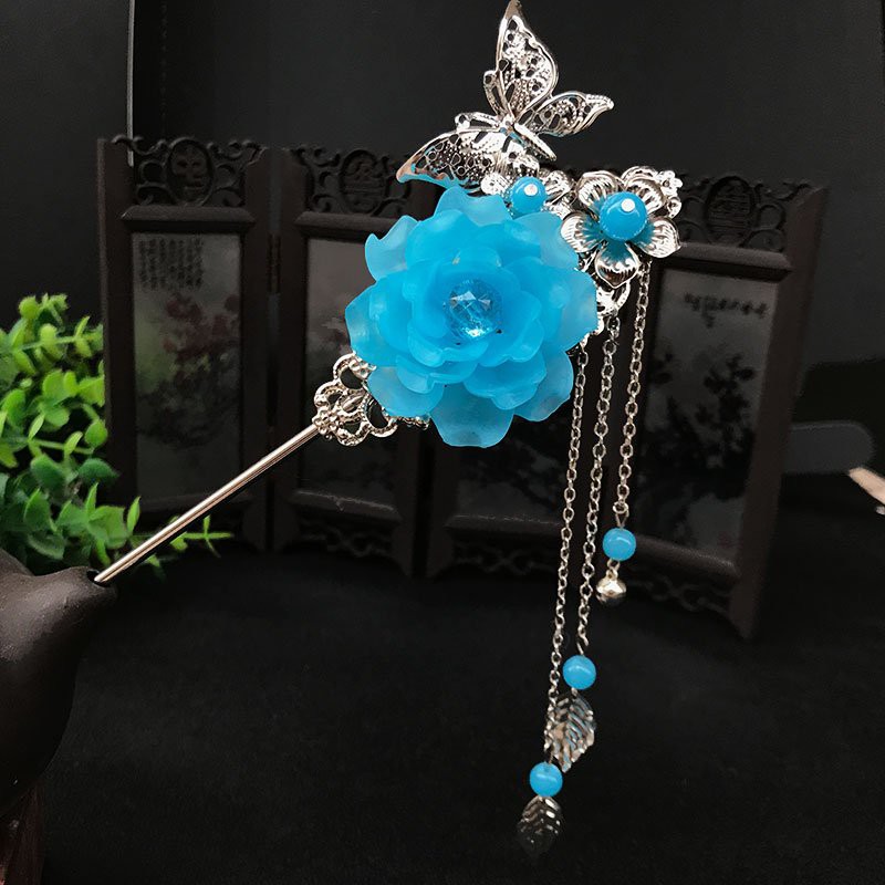 Trâm cài tóc bông hoa mẫu đơn hồ điệp cổ trang hạt rơi