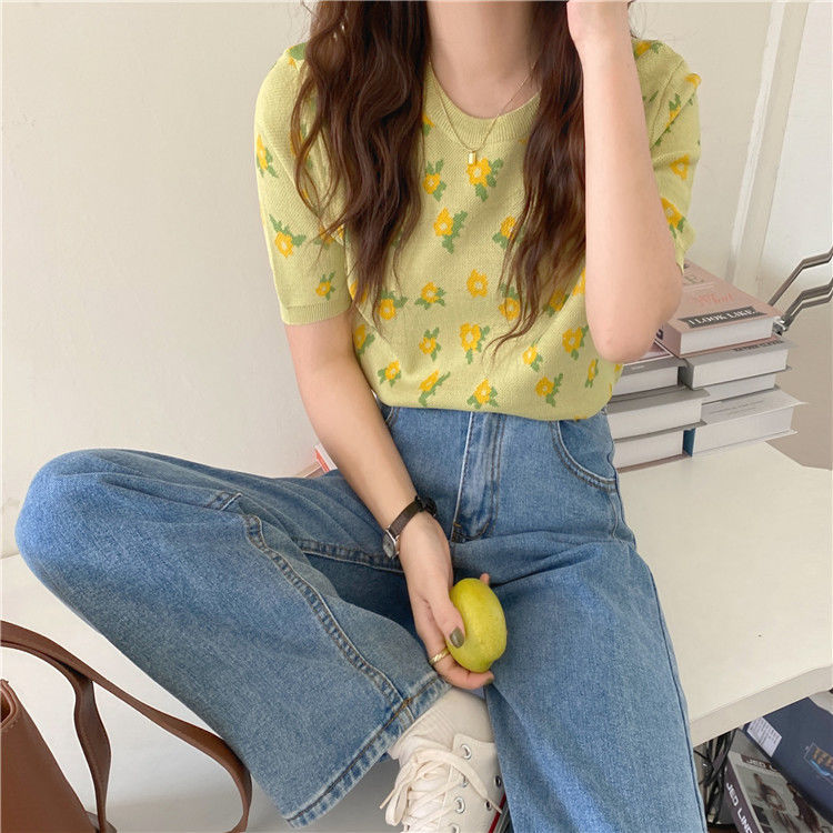 SUXI Áo tay ngắn họa tiết hoa vintage phong cách Hàn Quốc dành cho nữ