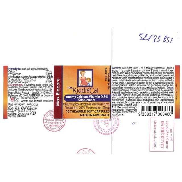 Viên uống PM Kiddiecal 30 viên canxi cho bà bầu tăng sức đề kháng giúp bé cao lớn bổ sung canxi vitamin d sắt