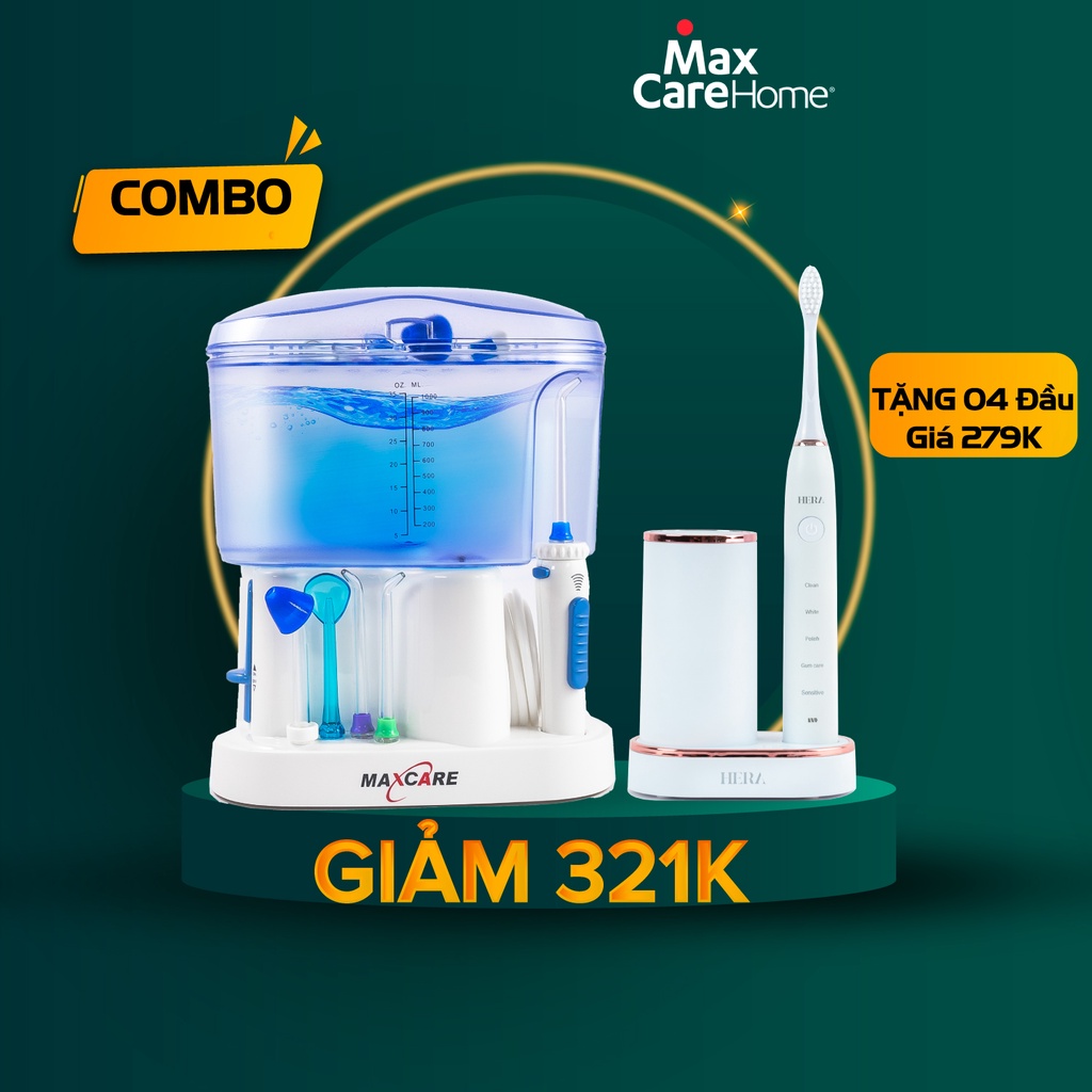 [COMBO GIẢM 369K] Máy tăm nước gia đình + Bàn chải điện sóng siêu âm Maxcare Hera Whitening