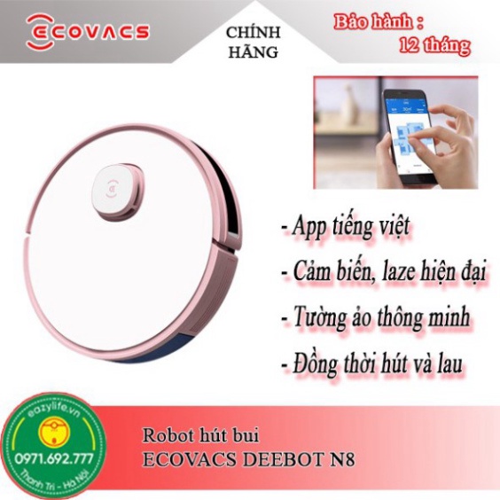 Robot Hút Bụi Thông Minh ECOVACS DEEBOT N8 - Khử Khuẩn An Toàn - Hàng Chính Hãng, Nguyên Seal [ App sử dụng tiếng việt ]