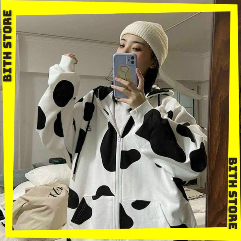 Áo khoác hoodie nỉ nữ form rộng in màu 3D họa tiết bò sữa cực đẹp phong cách Ulzzang chống nắng tốt