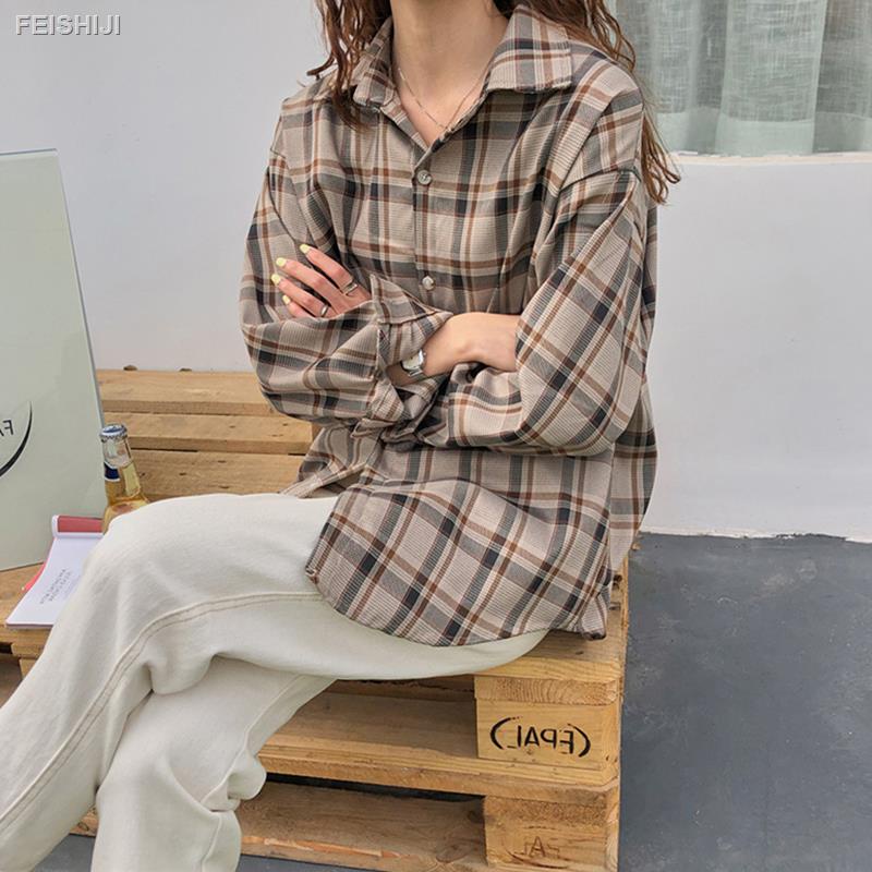 ✌Áo sơ mi tay dài dáng rộng kẻ sọc caro phong cách retro Hong Kong thời trang mùa thu 2020 mới cho nữ