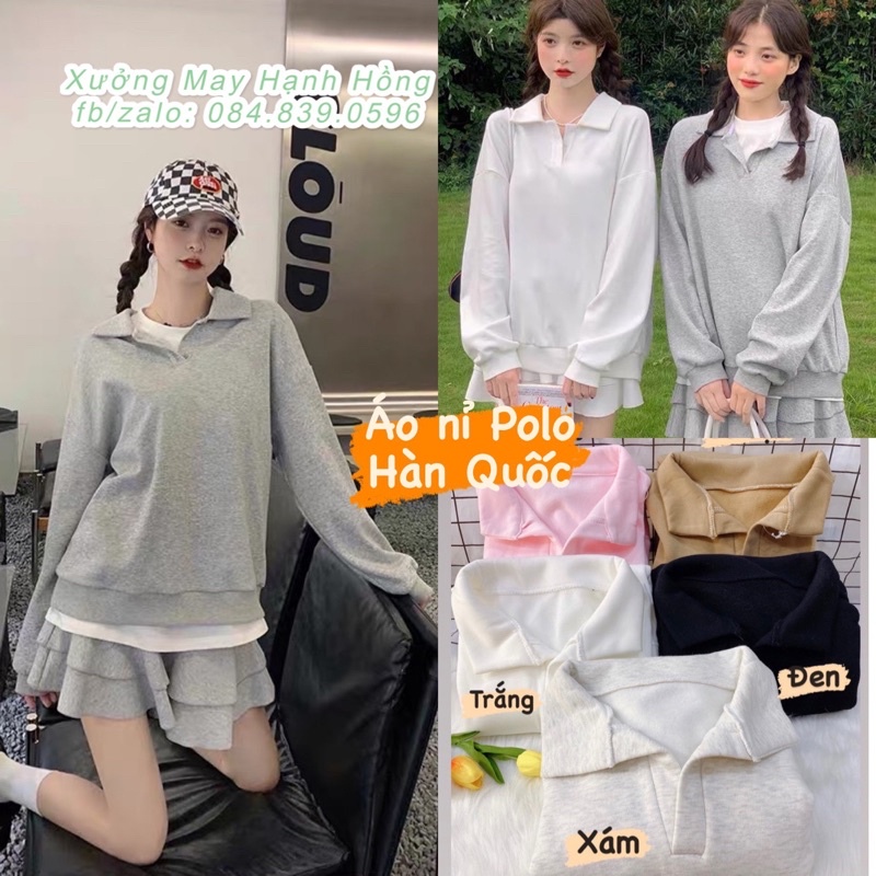 Áo hoodie nỉ Polo, Áo Sweater form rộng kiểu dáng Hàn Quốc