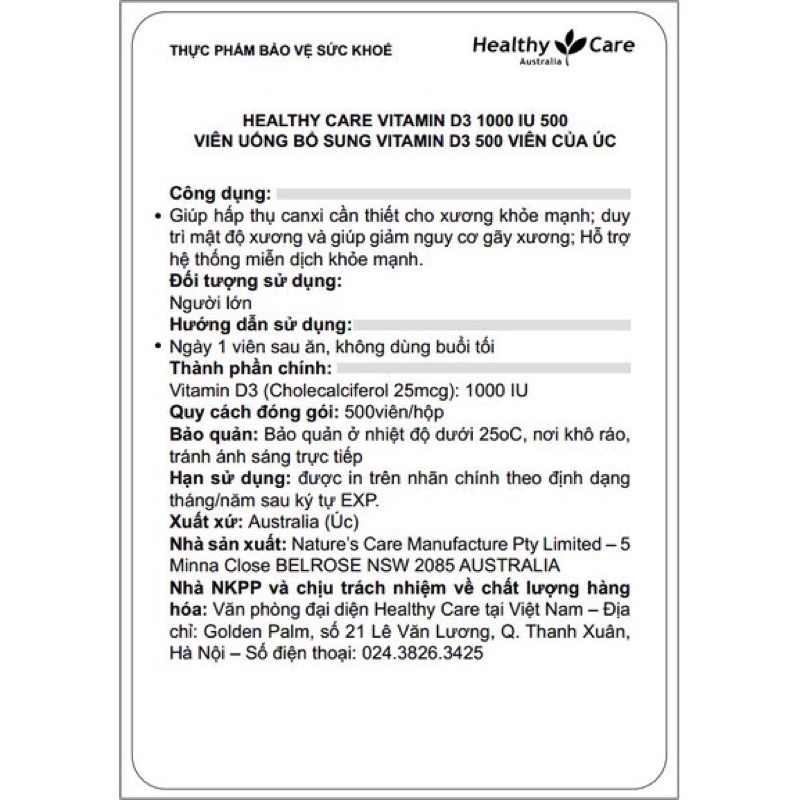 Viên uống bổ sung Vitamin D3 1000IU Healthy Care - Hàng Úc Nội địa hỗ trợ hấp thụ canxi , tăng đề kháng