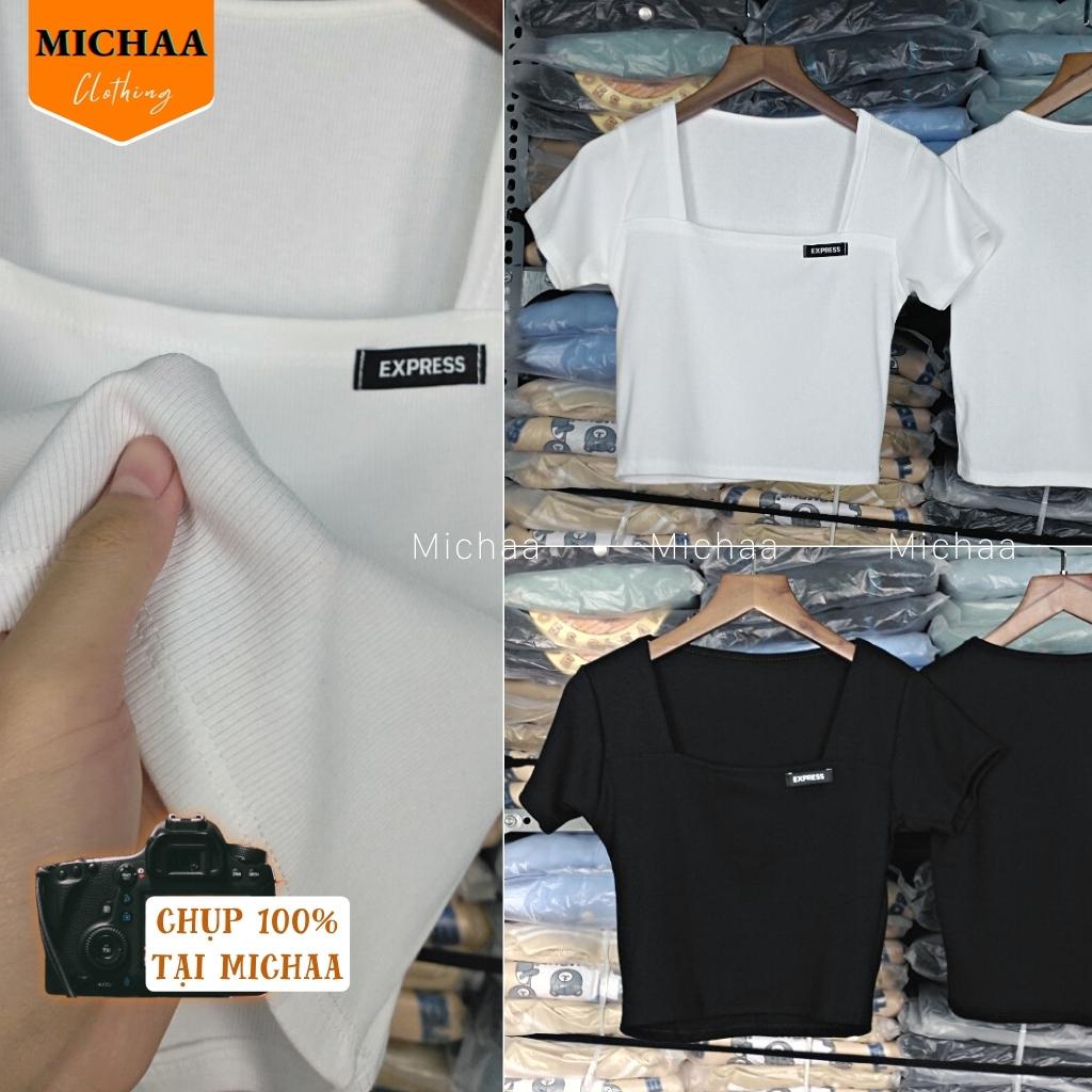 Áo Croptop Ngắn Tay GẮN LOGO Cổ Vuông Nữ Chất Thun Gân Kiểu Ôm Body Sexy Ulzzang - MICHAA