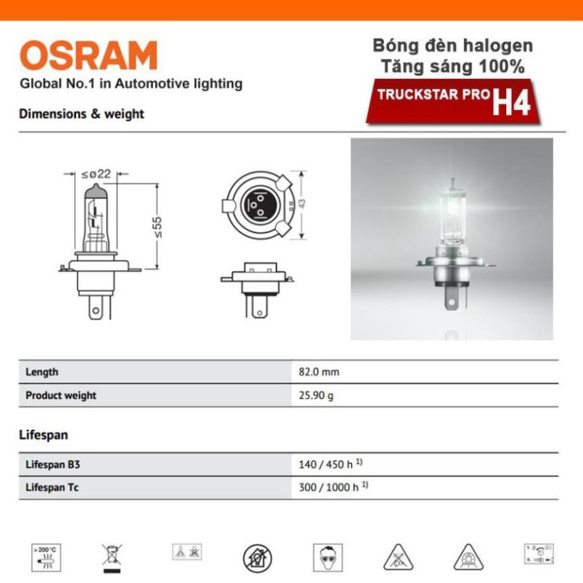 Bóng đèn halogen tăng sáng 100% OSRAM TRUCKSTAR PRO H4 24v 75/70w