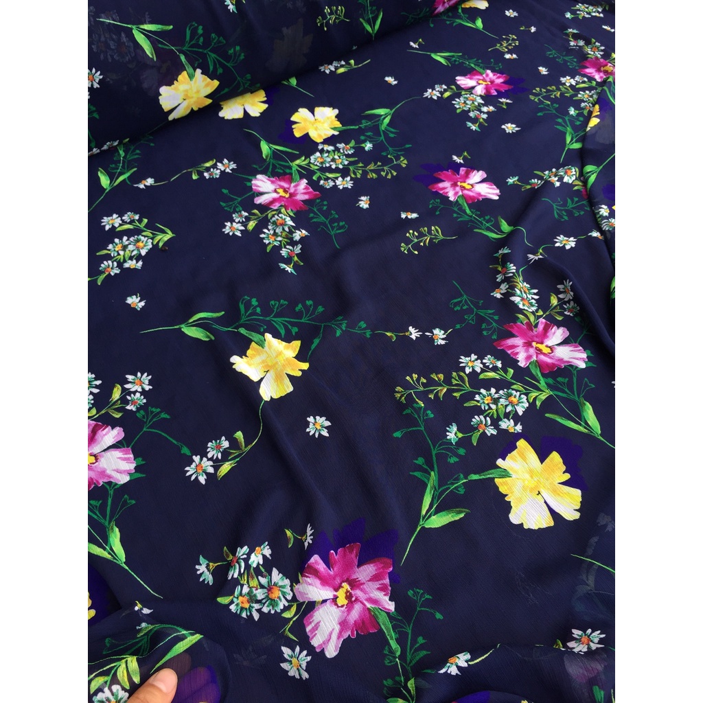 Voan chiffon họa tiết hoa vàng hồng nền xanh than Thích hợp may sơ mi, đầm, chân váy, áo dài, maxi, sơ mi...