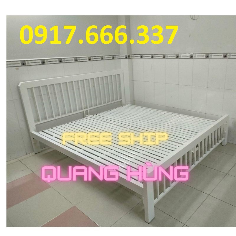 Giường sắt  hộp 4x8 đầu sọc trắng cao cấp 1m8x2m giá rẻ hàng thiết kế đơn giản