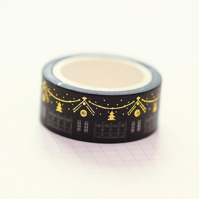 Cuộn băng dính washi tape màu đen / vàng trang trí nhật ký/ sổ tay