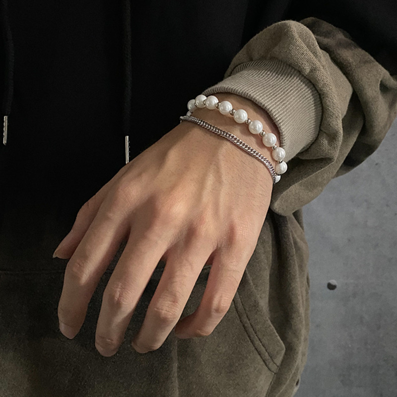 Vòng Tay Hai Lớp Đính Hạt Ngọc Trai Phong Cách Hip Hop