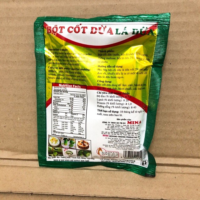 10 gói  Bột Cốt Dừa Lá Dứa 50g