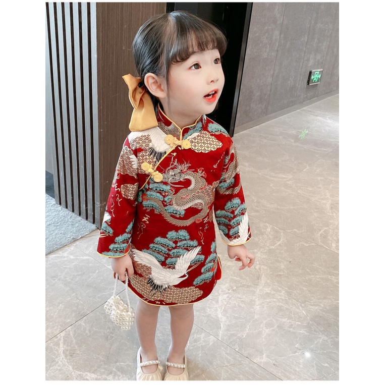 Đầm Sườn Xám Tay Dài Phong Cách Trung Hoa Thời Trang Mùa Thu Cho Bé Gái